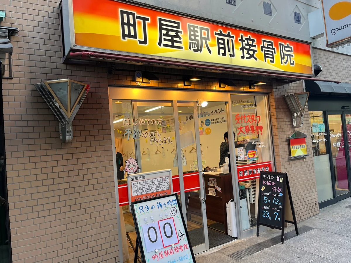 町屋駅前接骨院の外観。看板と入口(京成線 町屋駅 徒歩1分)